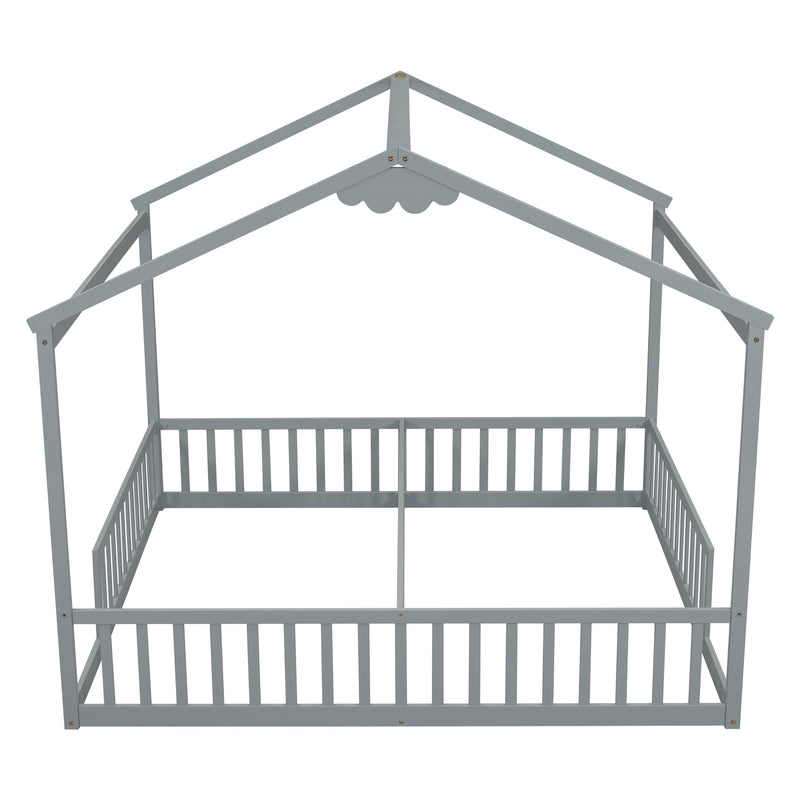 Double Twin House-Style Floor Bed with Fence, Guardrails, without door, Grey(Old Sku:W504P143316)