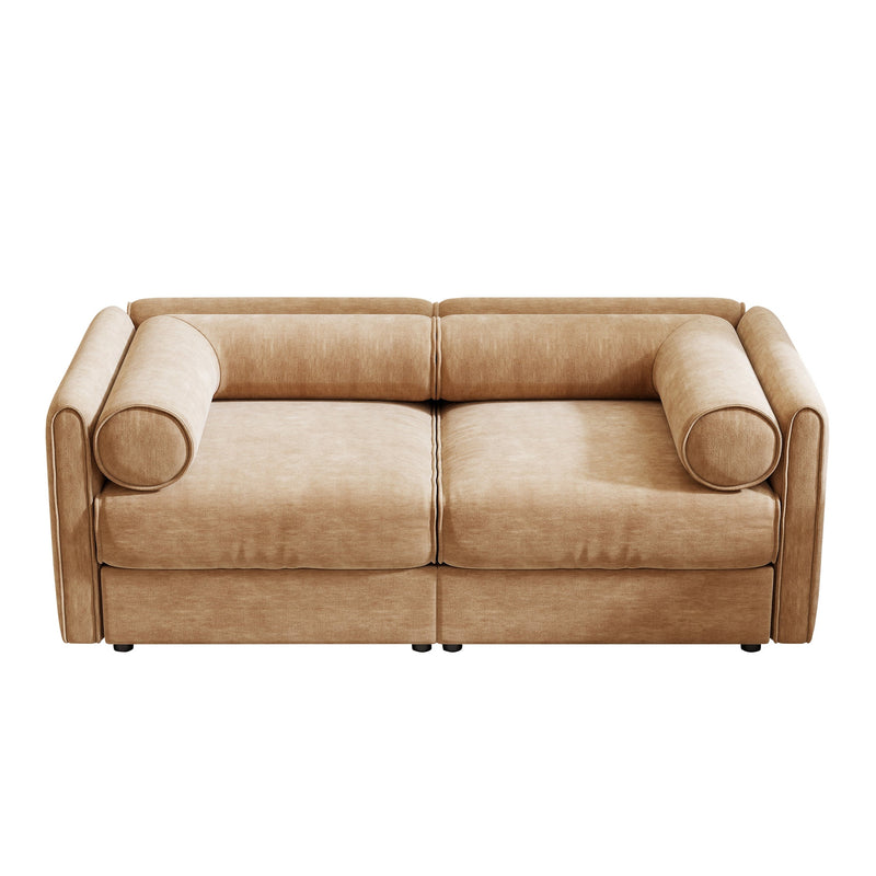 Stylish Camel Chenille 2-Seater Sofa with Storage Seat and Cylindrical Backrest