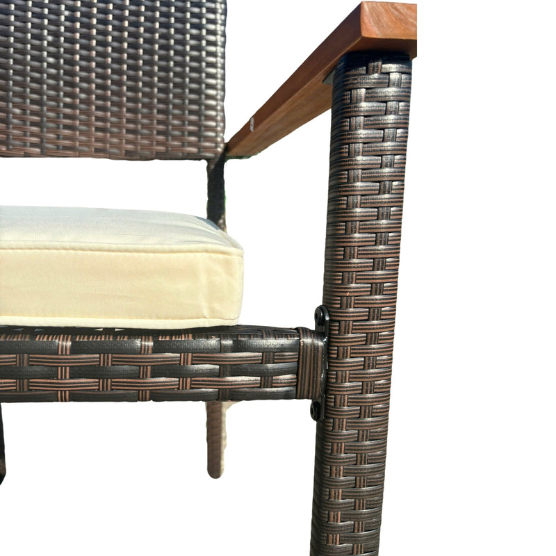 7 piece Outdoor Patio Wicker Dining Set Patio Wicker Furniture Dining Set w/Acacia Wood Top Brown Wicker + Cream Cushion