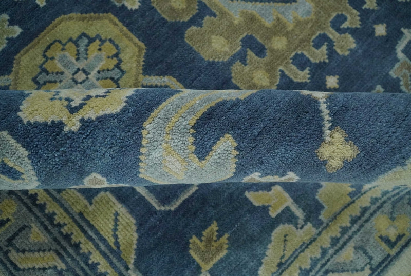 9.3x12 Hand Knotted Blue and Beige Traditional Oushak Wool Area Rug