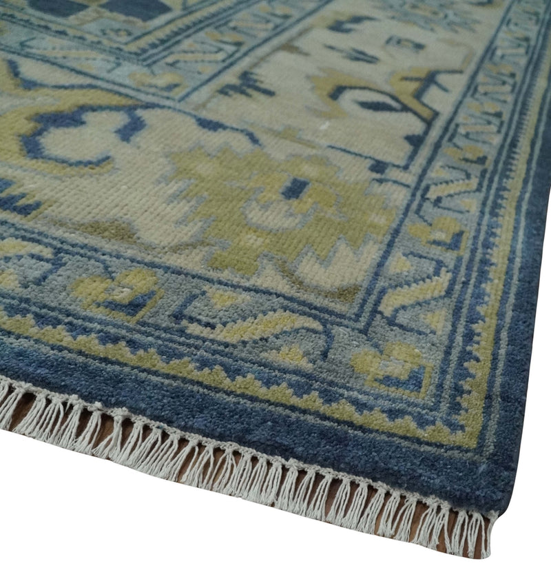 9.3x12 Hand Knotted Blue and Beige Traditional Oushak Wool Area Rug