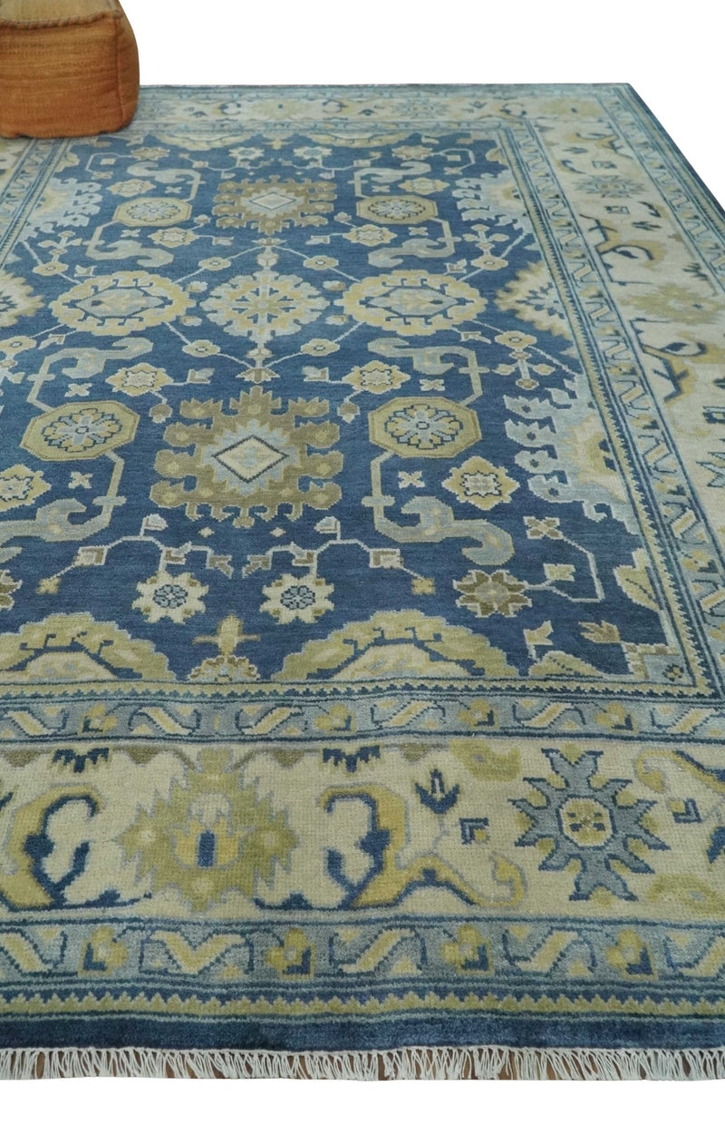 9.3x12 Hand Knotted Blue and Beige Traditional Oushak Wool Area Rug