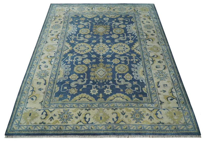 9.3x12 Hand Knotted Blue and Beige Traditional Oushak Wool Area Rug