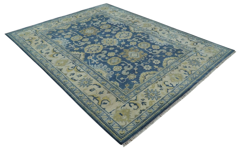 9.3x12 Hand Knotted Blue and Beige Traditional Oushak Wool Area Rug
