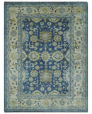 9.3x12 Hand Knotted Blue and Beige Traditional Oushak Wool Area Rug