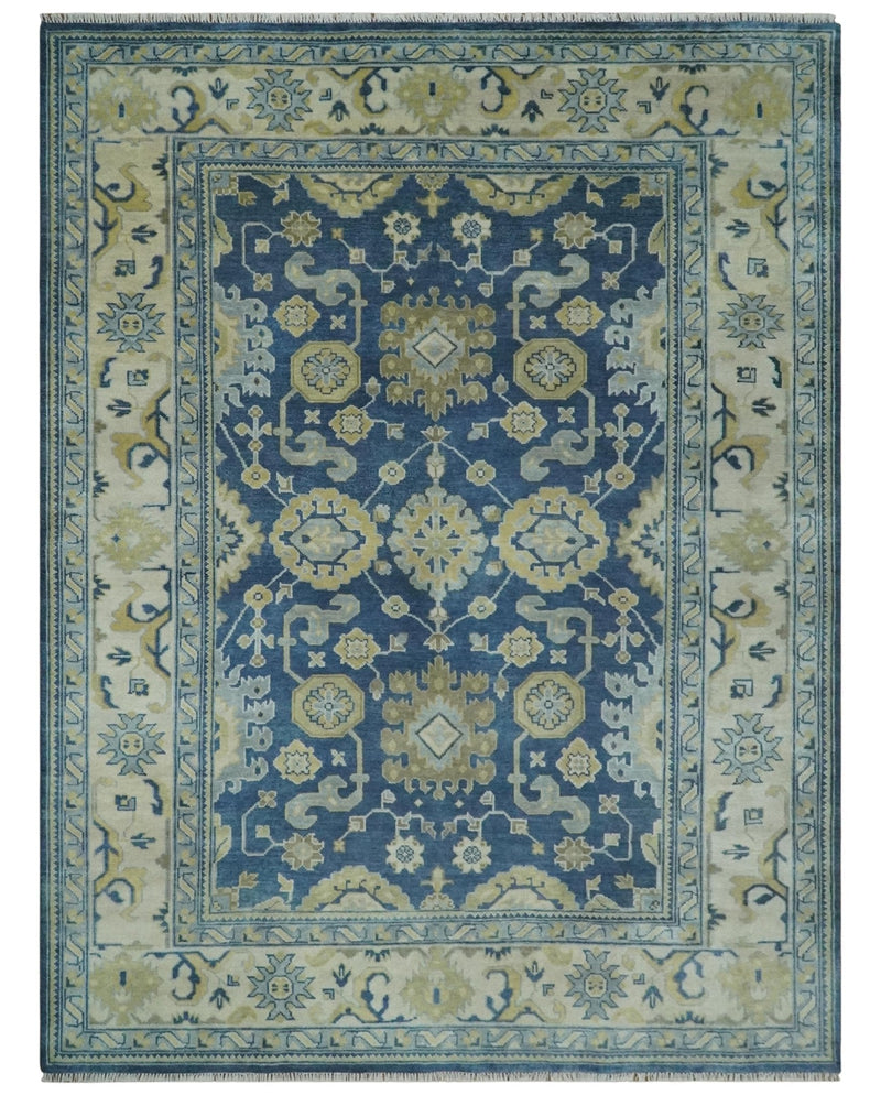9.3x12 Hand Knotted Blue and Beige Traditional Oushak Wool Area Rug