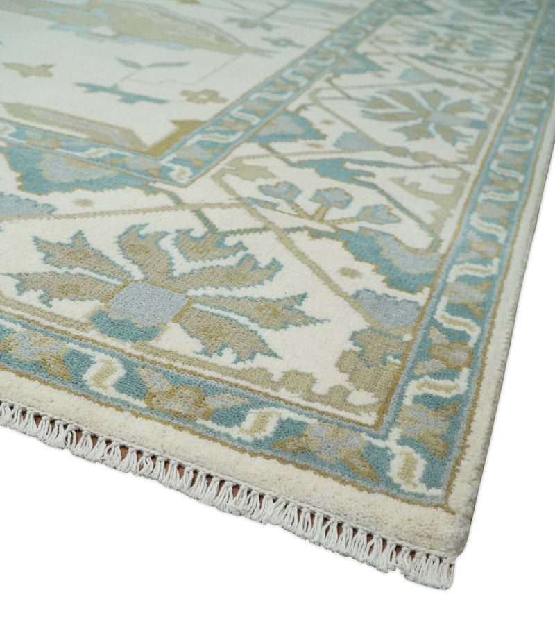 9.3x12.1 Hand Knotted Oriental Oushak Ivory, Brown and Beige Wool Area Rug
