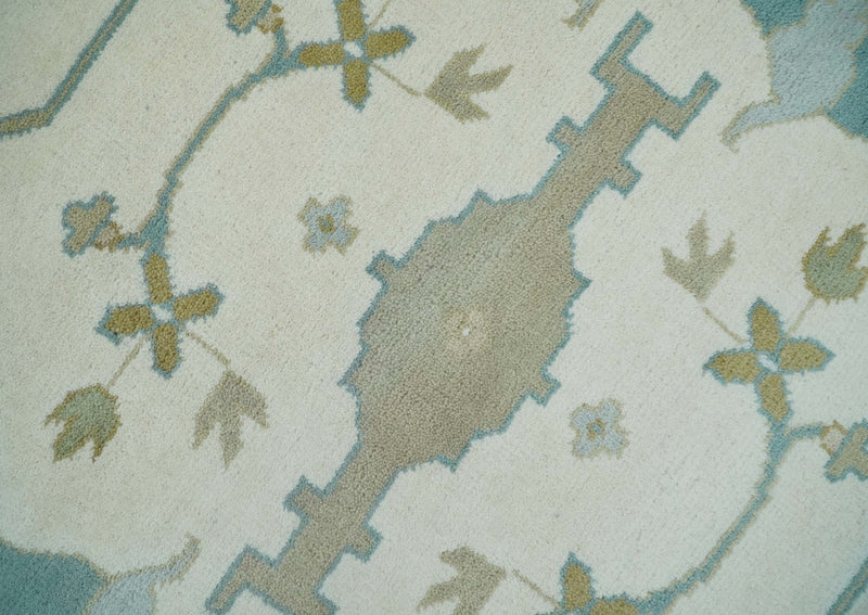 9.3x12.1 Hand Knotted Oriental Oushak Ivory, Brown and Beige Wool Area Rug