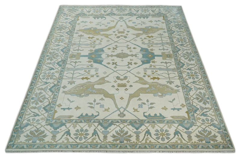 9.3x12.1 Hand Knotted Oriental Oushak Ivory, Brown and Beige Wool Area Rug