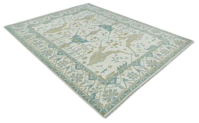 9.3x12.1 Hand Knotted Oriental Oushak Ivory, Brown and Beige Wool Area Rug