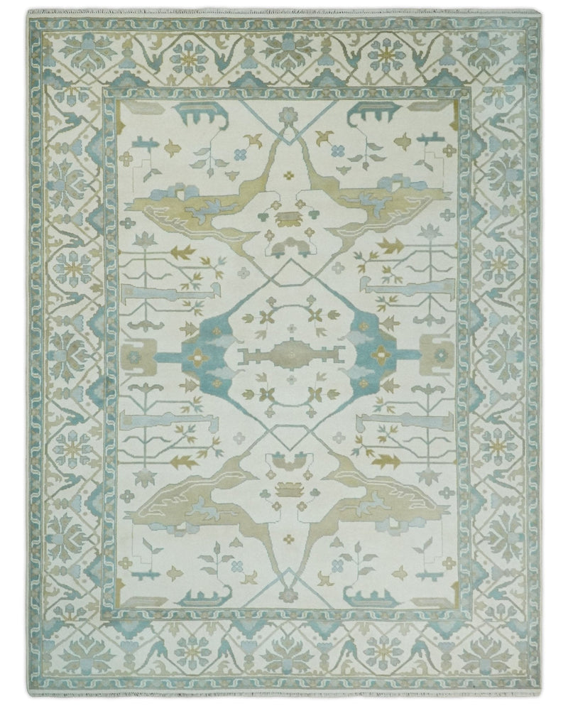 9.3x12.1 Hand Knotted Oriental Oushak Ivory, Brown and Beige Wool Area Rug
