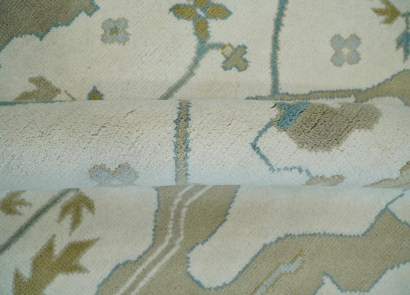 9.3x12.1 Hand Knotted Oriental Oushak Ivory, Brown and Beige Wool Area Rug