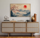 Japanese Red Sun & Misty Mountain Wall Art – Zen Ink Wash Landscape