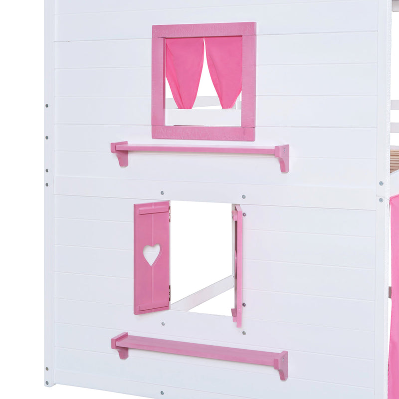 Full Size Bunk Wood House Bed with Elegant Windows, Sills and Tent, Pink+White