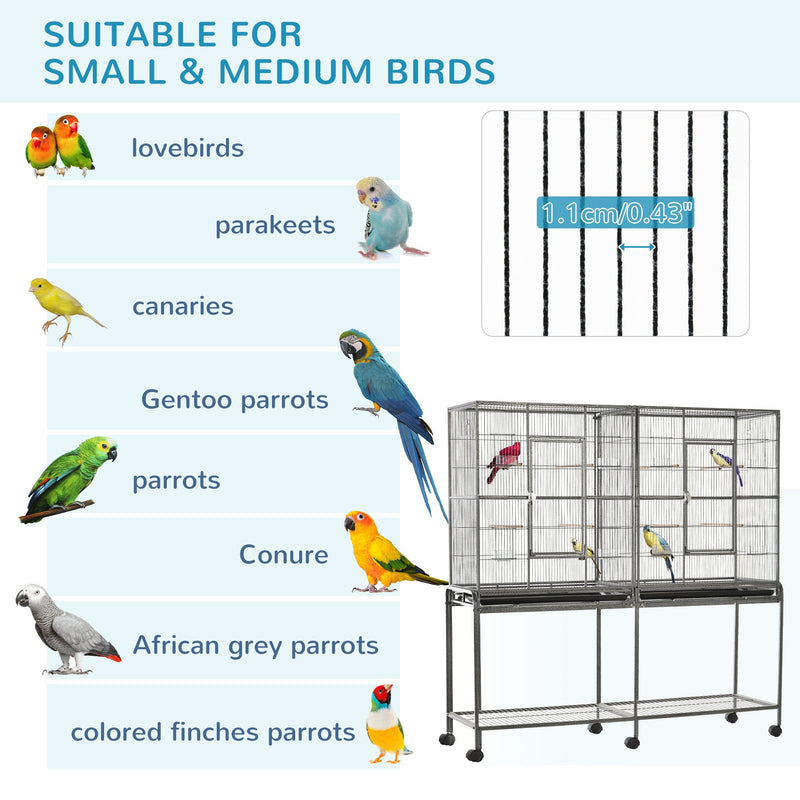 65" Double Rolling Metal Bird Cage Feeder with Detachable Rolling Stand, Storage Shelf, Wood Perch & Food Container