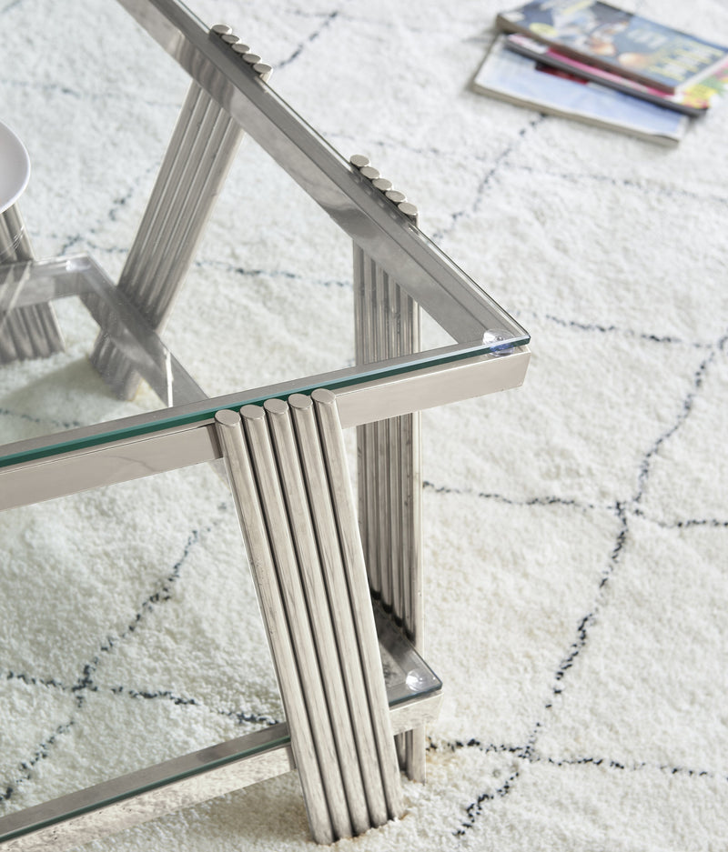 Modern Stainless Steel Coffee Table Set (Set of 2), Double-Layer Clear Tempered Glass Table Top, Coffee Table & End Side Table 2-Pieces Sets for Living Room Home Office, Silver