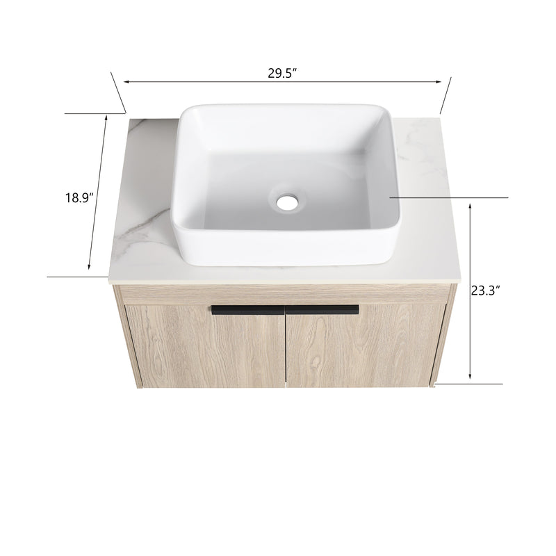 30" Modern Design Float Bathroom Vanity With Ceramic Basin Set, Wall Mounted White Oak Vanity With Soft Close Door, KD-PackingD-Packing Pieces