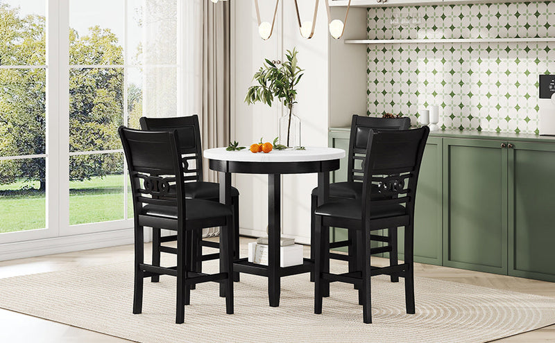 5-piece Counter Height Dining Round Table Set with One Faux Marble Top Dining Table and Four PU-leather Chairs,Dark Espresso