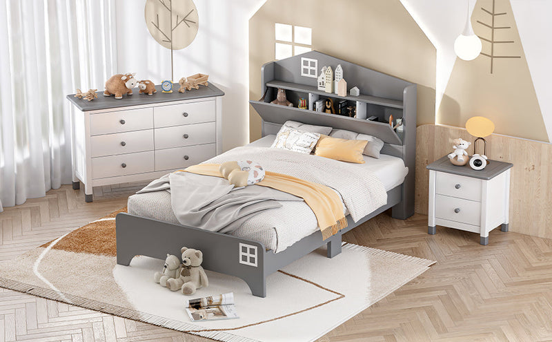3-Pieces Bedroom Sets Twin Size House Bed with Storage Headboard, Wooden Nightstand and Storage Dresser,Gray