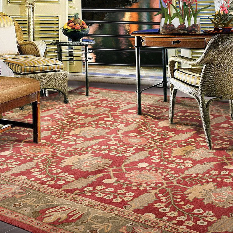 Multi Size Rusty Red, Green Hand Tufted William Morris Arts & Craft 100% Wool Oriental Area Rug