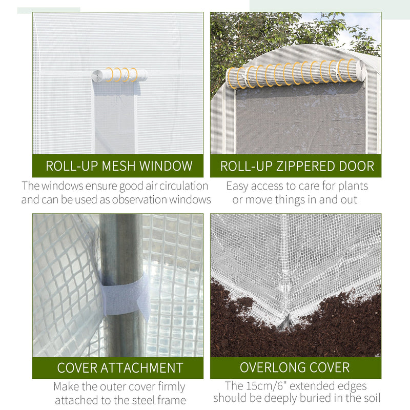 15' x 7' x 7' Walk-In Tunnel Greenhouse, Large Garden Hot House Kit with 6 Roll-up Windows & Roll Up Door, Steel Frame, White