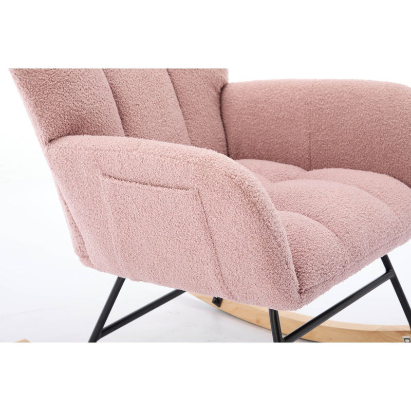 Modern Nursery Rocking Chair Upholstered Glider Chair with High Backrest Rocker Accent Armchair with Solid Wood Legs for Nursery Bedroom Living Room Teddy(Pink)