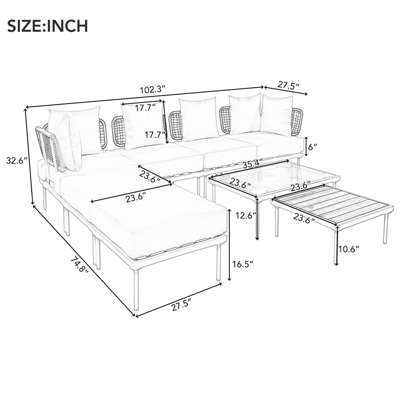 Walker Edison - 8-Piece Patio Sectional Sofa Set with Tempered Glass Coffee Table and Wooden Coffee Table for Outdoor Oasis, Garden, Patio and Poolside (Beige Cushion + White Steel)