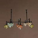 GobekUsa Rustic Star-Shaped Stained Glass Dining Room Chandelier with 8 Pendant Lights and Hanging Rod