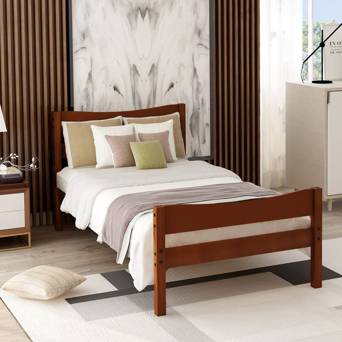 Twin Size Platform Bed With Headboard And Wooden Slat Support, photo 4 of 7