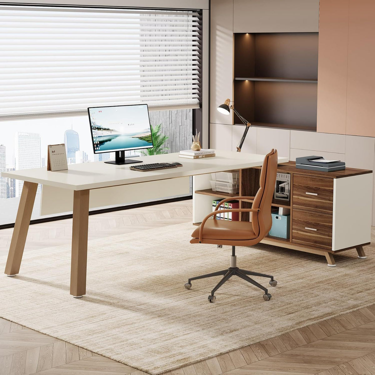 L-Shaped Executive Desk With File Cabinet, Computer Workstation With Drawers And Shelves For Home Office - White / Walnut, photo 3 of 4