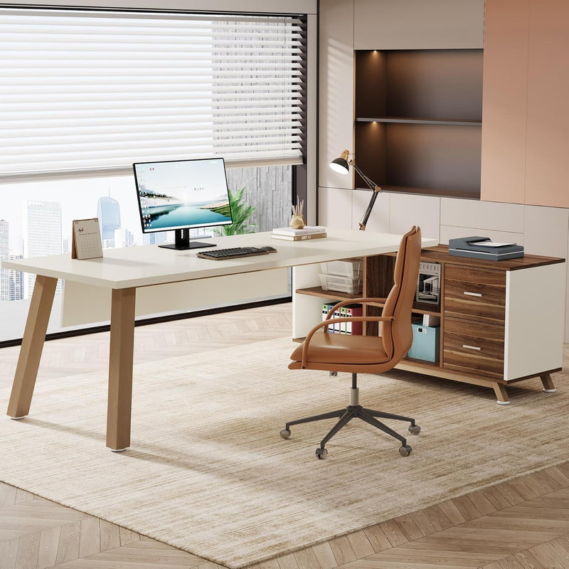 L-Shaped Executive Desk With File Cabinet, Computer Workstation With Drawers And Shelves For Home Office - White / Walnut, photo 3 of 4