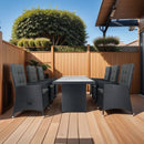 7 Piece Outdoor Patio Wicker Dining Set Patio With Adjustable Backrest Black Wicker + Dark Grey Cushion