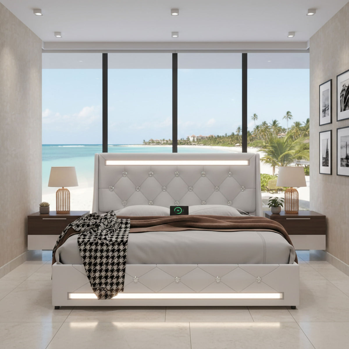 Wingback Upholstered Bed Frame With LED Lights, Charging Station, photo 35 of 40