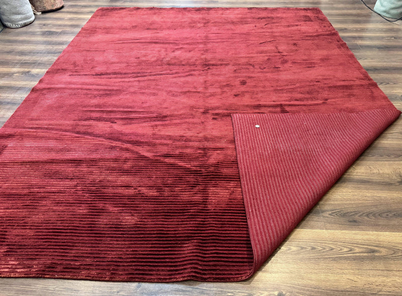 Modern Tibetan Rug 8x10, Red, Stripes, Handmade Wool Thick Pile Carpet
