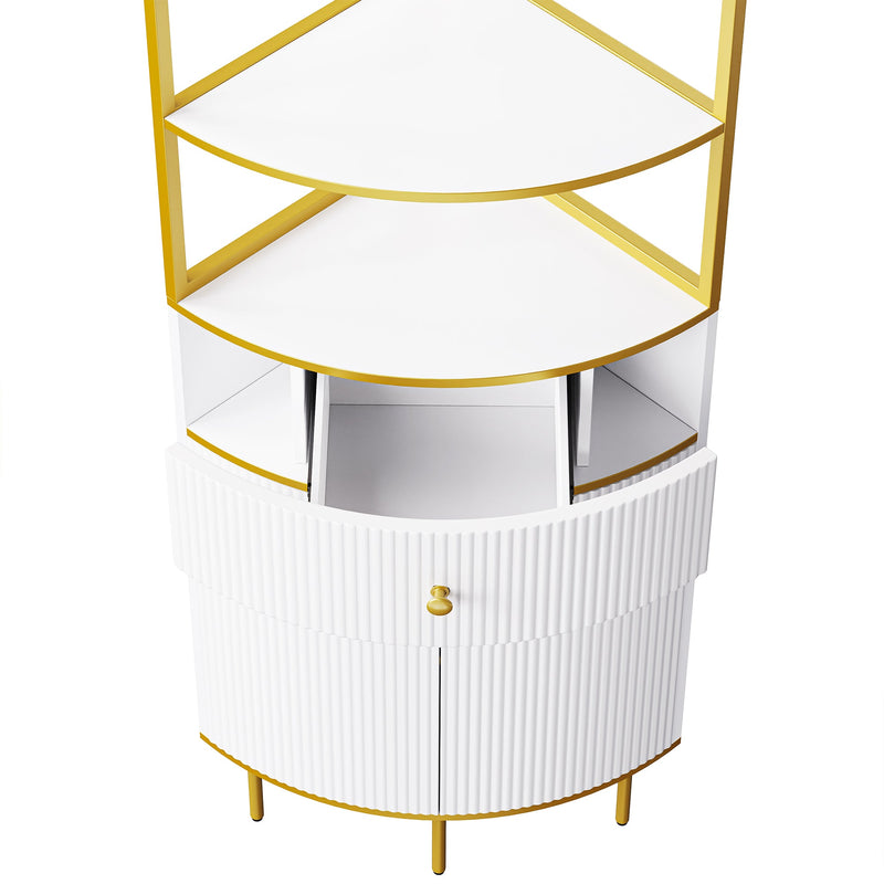 74.8" Tall Modern Corner Bookshelf,Fan-Shaped bookcase with 1 Drawer and 2 Doors, Wooden Standing Corner Shelf with Gold Metal Frame for Living Room,Home Office,White