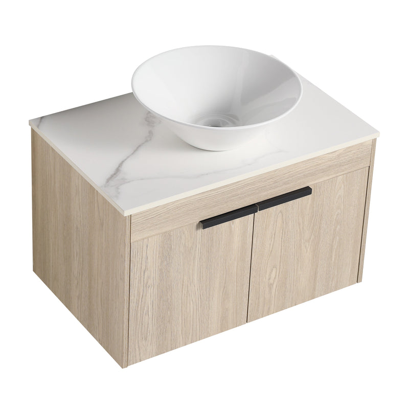 30" Modern Design Float Bathroom Vanity With Ceramic Basin Set, Wall Mounted White Oak Vanity With Soft Close Door, KD-PackingD-Packing Pieces