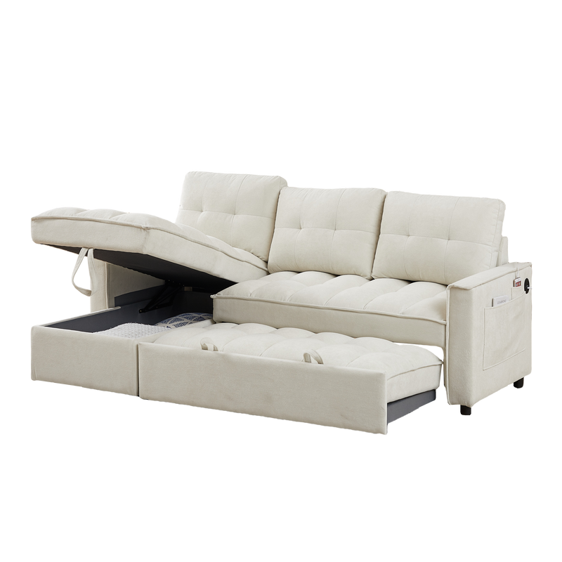 78.75" Reclining Sofa, Pull-Out Sofa Bed with USB and tape-c charging ports, L-Shaped Sectional Sofa with Reclining Storage and Arm Side Organizer Pocket Features, Living Room Comfort Sofa