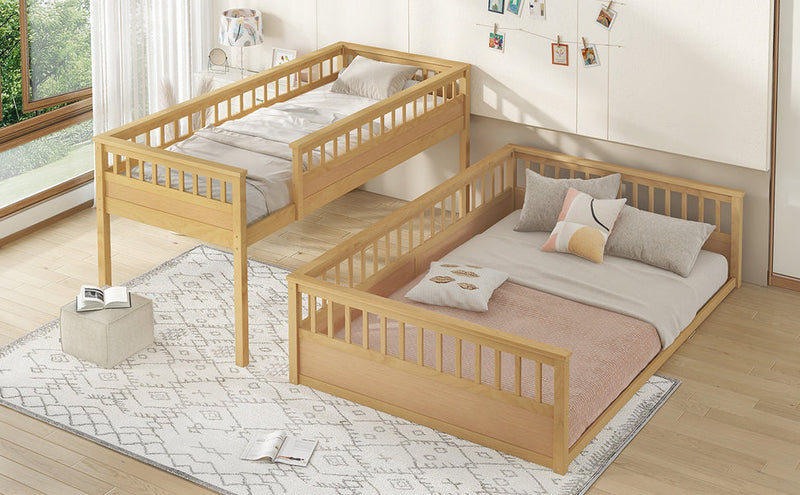 Twin XL over Queen Bunk Bed with Ladder and Guardrails, Natural