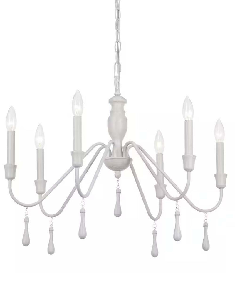 Alsy 26"W 6-Light Distressed-White Beaded Modern Farmhouse Cottage Chandelier