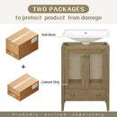 24" Bathroom Vanity with Ceramic Basin, Rattan Bathroom Storage Cabinet with Two Doors and Drawer, Solid Frame, Natural