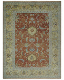 9.4x11.9 Hand Knotted Low Pile Rust, Beige and Blue Traditional Wool Area Rug