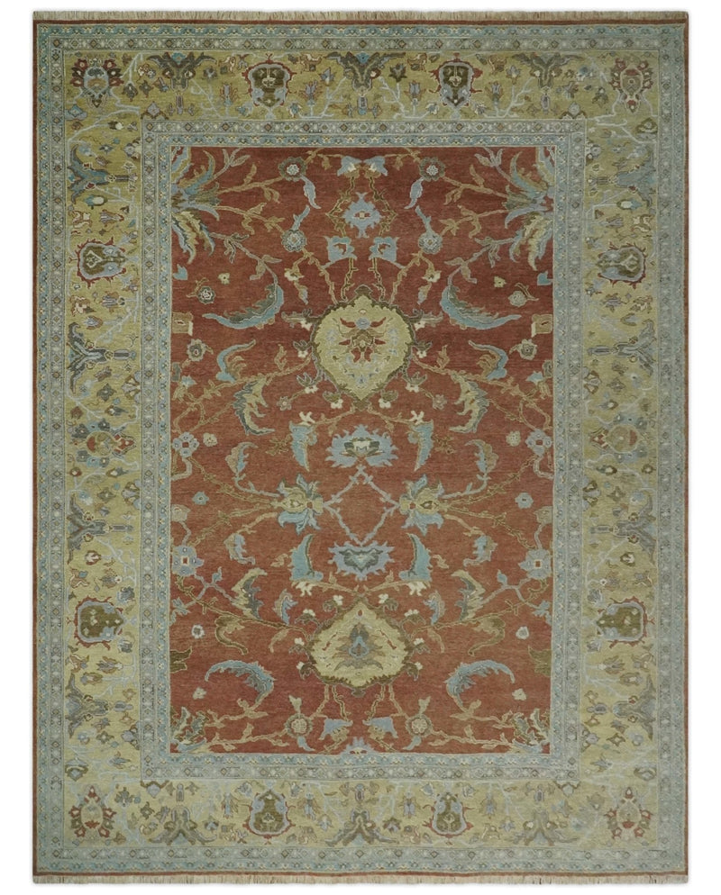 9.4x11.9 Hand Knotted Low Pile Rust, Beige and Blue Traditional Wool Area Rug