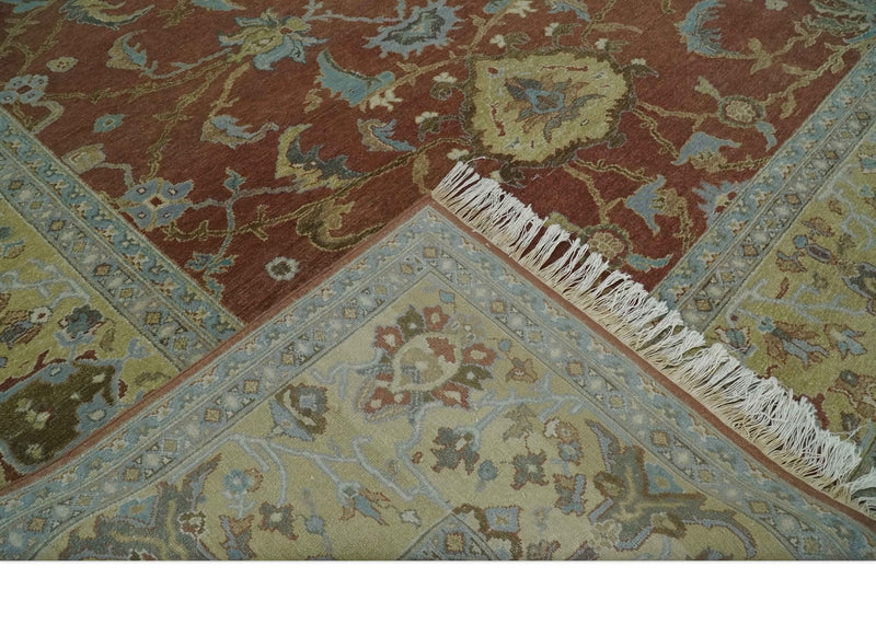 9.4x11.9 Hand Knotted Low Pile Rust, Beige and Blue Traditional Wool Area Rug