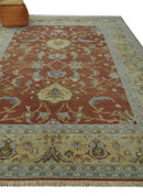 9.4x11.9 Hand Knotted Low Pile Rust, Beige and Blue Traditional Wool Area Rug