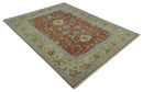 9.4x11.9 Hand Knotted Low Pile Rust, Beige and Blue Traditional Wool Area Rug