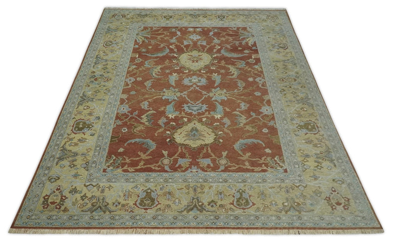 9.4x11.9 Hand Knotted Low Pile Rust, Beige and Blue Traditional Wool Area Rug