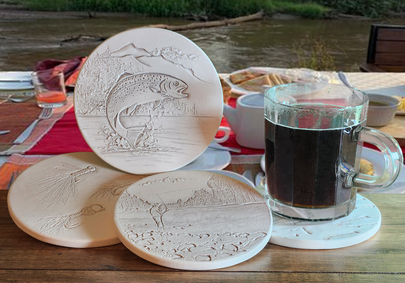 Fly Fishing Assorted Drink Coasters, installed in a room