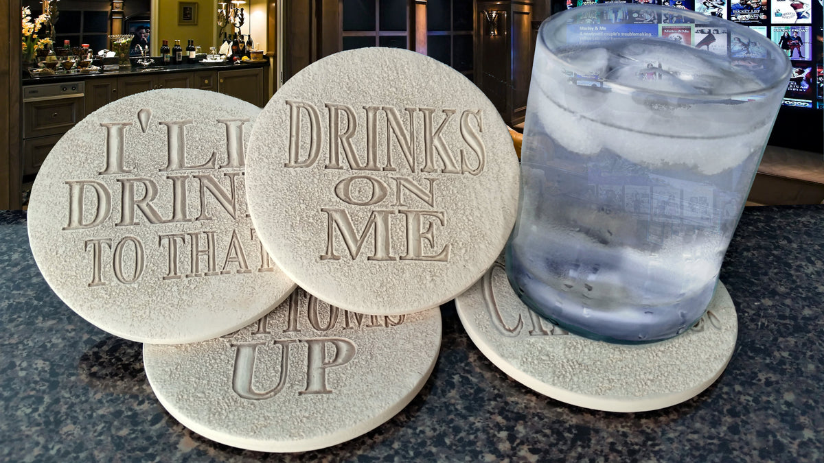 Drink Phrases Drink Coasters, installed in a room