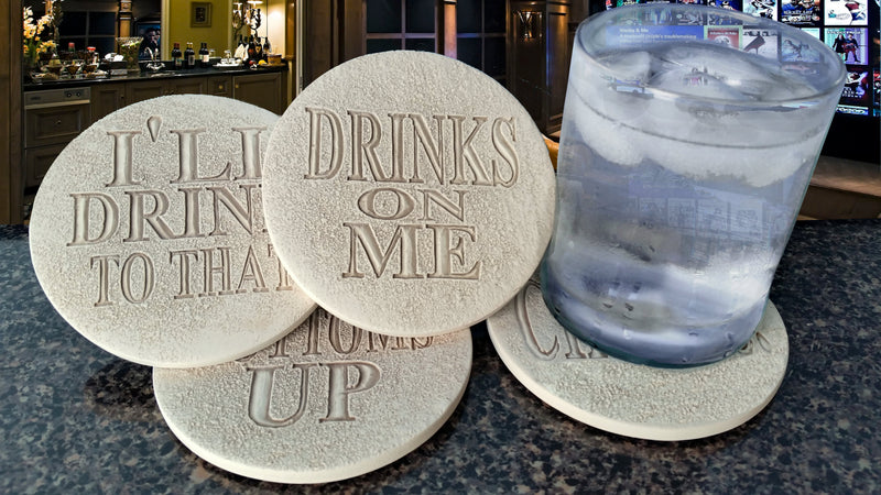 Drink Phrases Drink Coasters, installed in a room