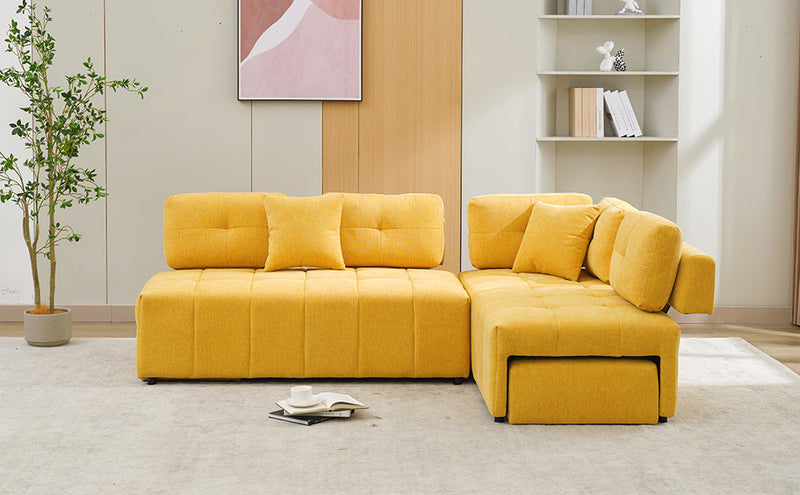 91.73" L-shaped Sofa Sectional Sofa Couch with 2 Stools and 2 Lumbar Pillows for Living Room, Yellow